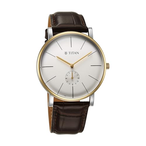 Image of Titan Elegance Analog with Small Second and White Dial Brown Leather Strap Watch for Men - 90203BL01