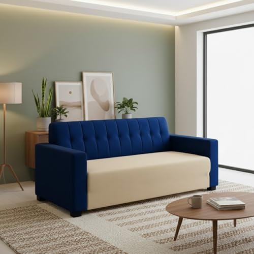 Image of FURNY Luxora 2 Seater Fabric Sofa Set (Dark Blue-Cream) with Velvet Finish | Durable Comfort | Ideal for Living Room | Breathable material