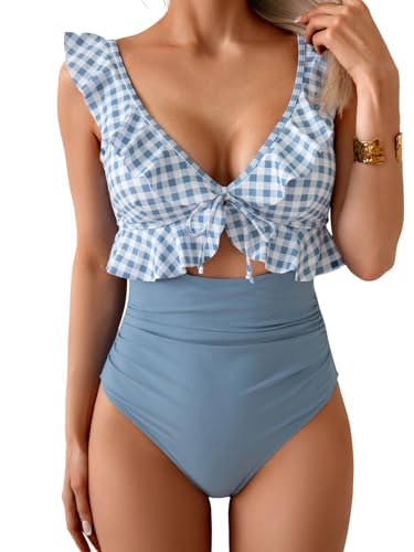 Image of Eomenie One Piece Swimsuit for Women Tummy Control Ruffle Bathing Suit V Neck Ruched Swim Suit Slimming Cutout Swimwear