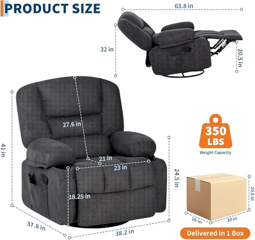 Image of Oversized Manual Swivel Recliner Chair for Adults, 360 Swivel Rocker Glider with Vibration Massage & Heat, Extra Wide Chenille Fabric Lazy Chair for Living Room Bedroom, Black Chenille