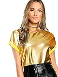 SheIn Women's Casual Short Sleeve T Shirts Metallic Top Crewneck Shiny Tees Gold Small