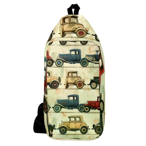 Mochila bandolera de viaje con estampado de coches vintage, ideal para senderismo multicolor