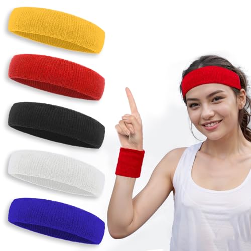 LPONJAR 5 Pack Sweatbands Sports Headbands for Men & Women Athletic Exercise Gym Workout Running Sweat Headbands Sweat Head Bands (Colorful)