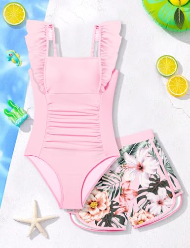 Image of NECIOUS Girls Swimsuit Ruffle Adjustable Straps One Piece Bathing Suit Solid Color Ruched Girls' Swimwear 9-16Y