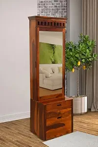 WOODY Furniture Sheesham Wood Dressing Table Mirror with Drawer and Cabinet Storage for Bedroom Home Solid Wooden Dressers for Living Room (Honey Finish)
