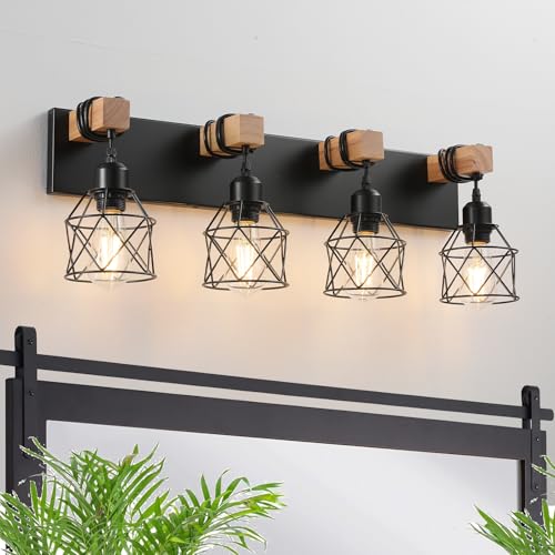 Farmhouse Vanity Light Fixture,4-Light Bathroom Lighting,Black Industrial Wood Wall Light