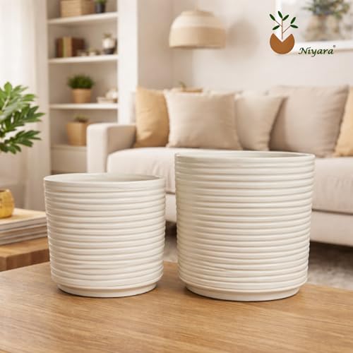 Image of Niyara Modern Textured Stripe Ceramic Planter Pot, Elegant Off White Decorative Plant Holder (Set of 2)