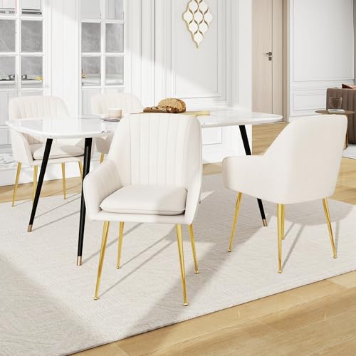 YESGIGA Silla de comedor de terciopelo con diseño acolchado y patas galvanizadas para comedor y cocina (beige 4 unidades)