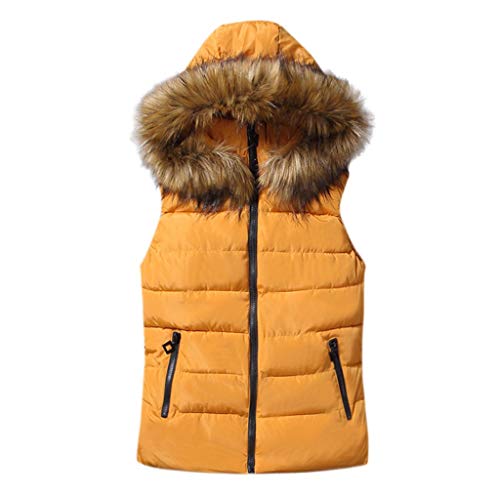 QIQIU Womens Faux Fur Hooded Pockets Short Cotton-Padded Vest Coats Winter Autumn Warm Outerwear Jackets Yellow