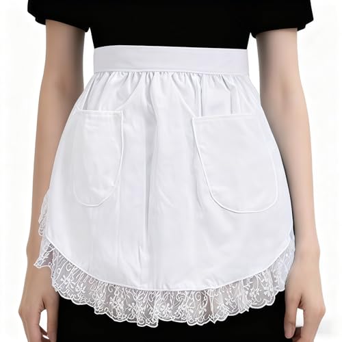 MANJIAMEI Tablier de Bonne Blanc avec Bordure en Dentelle Déguisement Retro Cosplay Tablier de Taille pour Femmes Tablier de Cuisine pour Nettoyer...