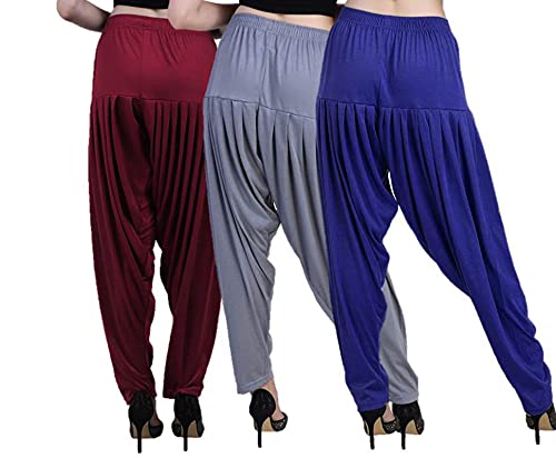 Image of Casuals Women's Regular Fit Viscose Drawstring Patiala Harem Pants Combo Pack 3 (Maroon :: SteelGrey :: Royal Blue,XL)