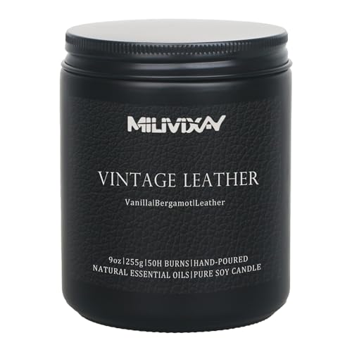MILIVIXAY Candle for Men Vintage Leather Scented Classic 9oz Jar Single Wick Candle Soy Wax Candles for Consistent Burn Over 50 Hours of Burn Time Ideal for Creating Relaxing & Holiday Gifting.