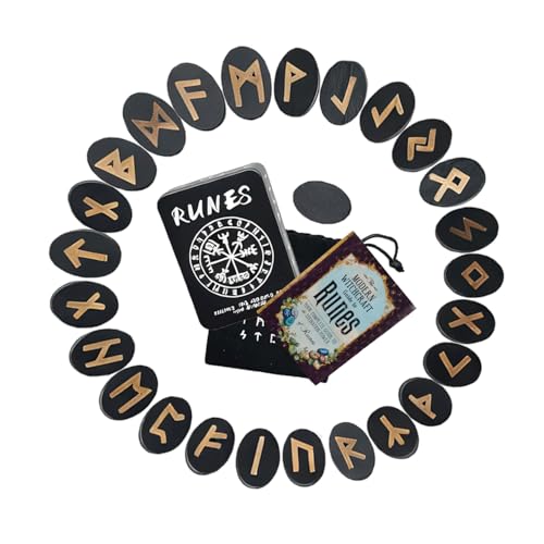 Ssshqlcb 25Pcs Runes Set Wood Rune Stones with Instruction & Velvet Pouch Viking Runas for Beginners Ideal for Witchcraft Divination Meditation & Spiritual Practices