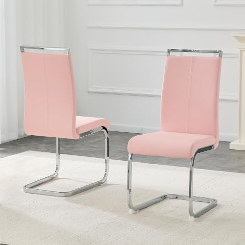 Image of Baysitone Modern Dining Chairs Set of 2, Side Dining Room Chairs, High Back Kitchen Chairs with Faux Leather Padded Seat for Dining Room,Kitchen, Living Room Pink