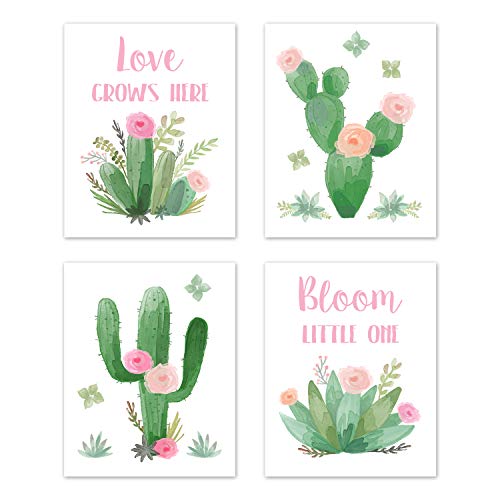 Image of Sweet Jojo Designs Pink and Green Boho Wall Art Prints Room Decor for Baby, Nursery, and Kids for Watercolor Cactus Floral Collection - Set of 4 - Love Grows Here, Bloom Little One