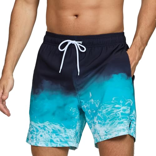 Vorvowry Mens Swimming Shorts Fashion Gradient Trunks for UK Men Quick Dry Beach Board Surf Shorts with Pockets Mesh Lining Gradient Waves XXL