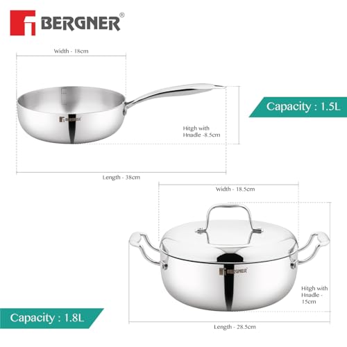 Image of BERGNER Argent Saira Saiba Triply Stainless Steel 3 Pcs Cookware Set,18cm(1.5 L) Multi Frypan,18Cm Casserole & Common Stainless Steel Lid,Cook & Serve,Less Oil Use-Induction Bottom,Silver,1.8 Liter