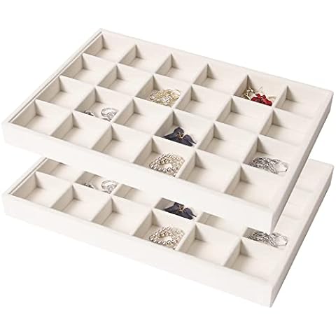 Coward 2PC Stackable 24 Gird Jewelry Organizer Tray Necklace Earring Box Storage Drawer Ring Bracelet Display Holder (beige(24grid+24grid)) Cover