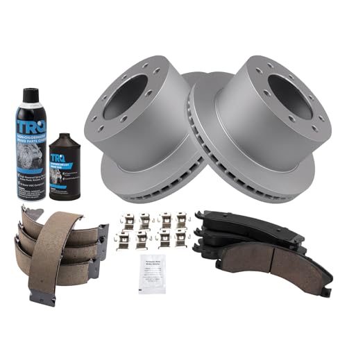 Image of TRQ Rear Brake Pad & Rotor Kit, with Chemical Kit Parking Brake Shoe Set Ceramic Premium G-Coated Compatible with 2013-2017 Chevrolet Silverado 3500 HD GMC Sierra 3500 HD