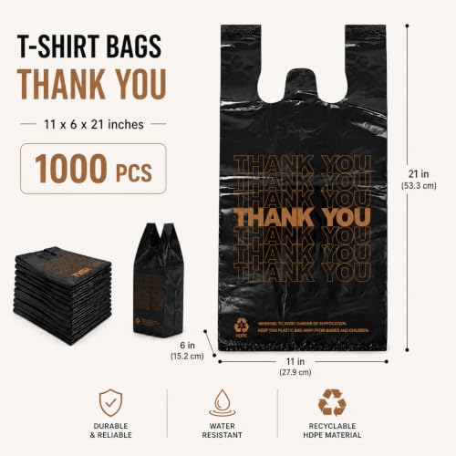 Image of YoYoRain 1000 Count Black Thank You T-Shirt Bags, 11 x 6 x 21 in
