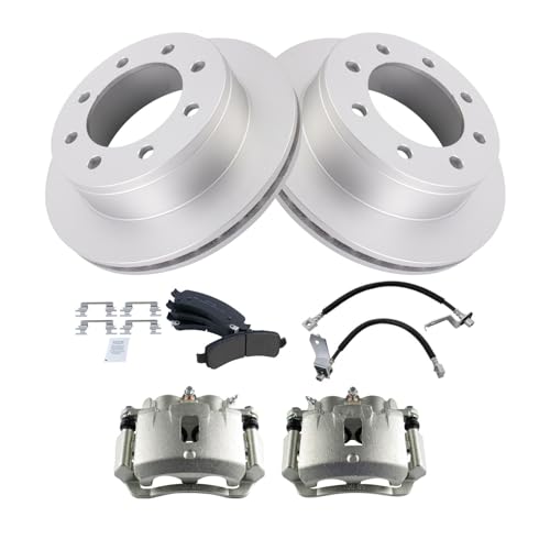 Image of TRQ Rear Brake Pad & Rotor Kit Semi-Metallic Premium G-Coated Compatible with 2003-2013 Chevrolet Express 3500 2003-2012 GMC Savana 3500
