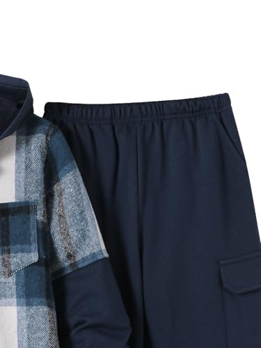 Image of 2Pcs Boys Clothes Sweatsuit Set Hoodie Flannel Plaid Shirt and Jogger Pants for Kids Fall Winter Spring Outfits