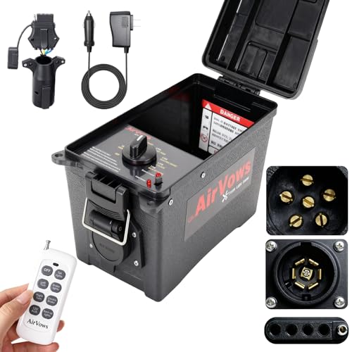 Trailer Light Tester Box with Remote Control Function 98FT Max Remote Range 7-Way Flat (Spade) Pin 6-Way Round Pin 4/5-Pin Connectors Waterproof Case Battery not Included Must use 12V Battery