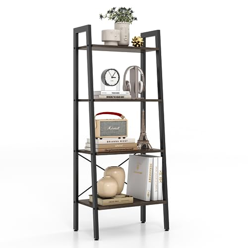 COSTWAY Bücherregal, Regal mit 4 Ebenen, Leiterregal Holz, mit Kippsicherungen & verstellbaren Fußpolstern, Metallrahmen, für Wohnzimmer, Arbeitszimmer & Büro (Graue Eiche)