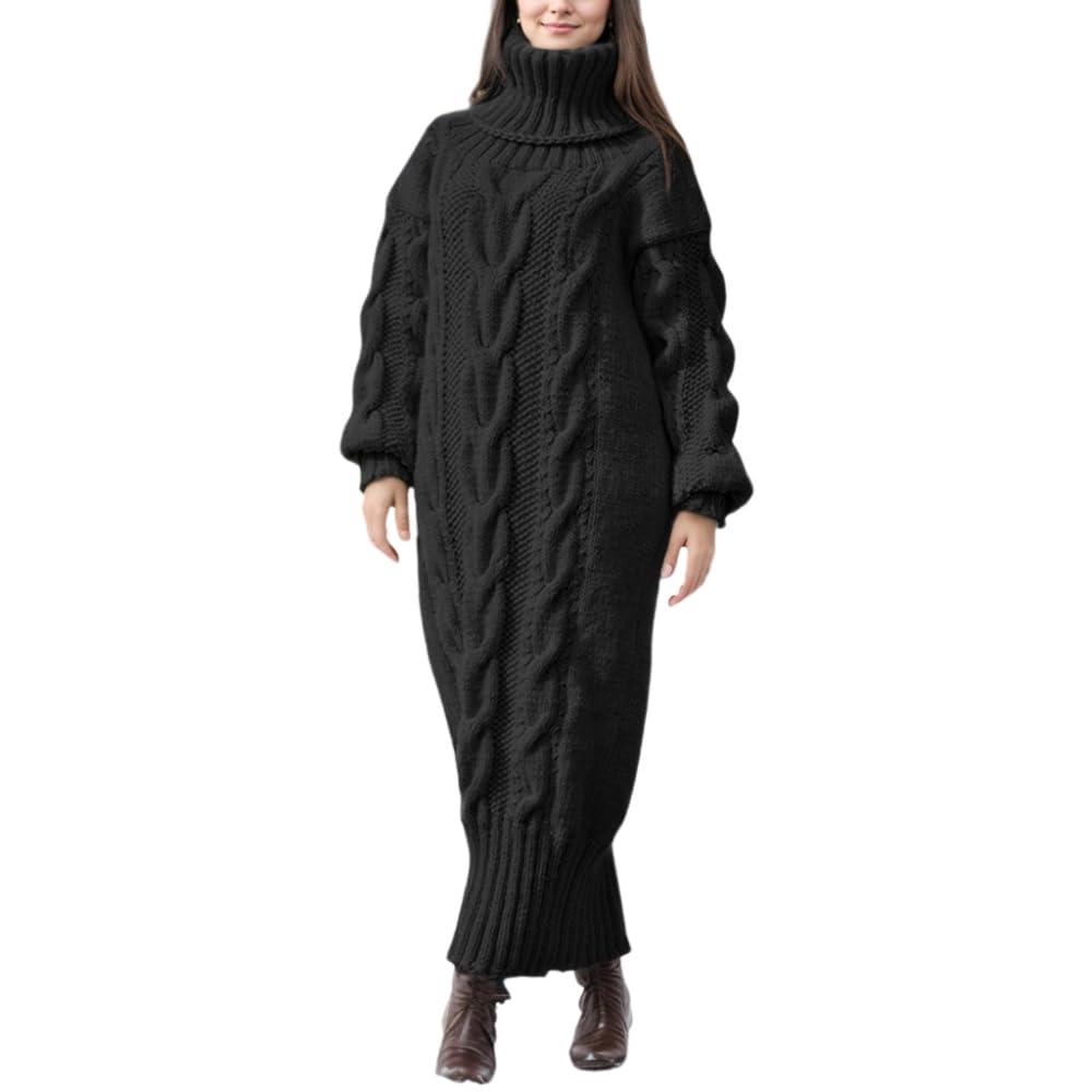 Womens Oversized Comfy Cable Knit Turtleneck Sweater Winter Casual Loose Long Sleeve Chunky Maxi Jumper Dress for Women