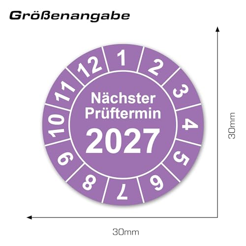 LabelTec Jahresprüfplakette 2027 Nächster Prüftermin Prüfplakette für Kontrolle Wartung Inspektion an Betriebsmitteln Geräten Maschinen Prüfetiketten wasserfest LTC016 (50, 2027, Ø30mm)