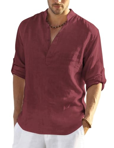 Chemise Henley en lin et coton noble coloris rouge vin de taille 2XL