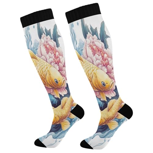 Burbuja Yellow Blue Carp Peonies Compression Socks for Women Men (20-30mmHg), Knee High Socks Circulation Support for Sport Running Hiking Nurse, 1 Pair