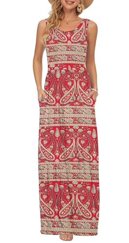 AUSELILY Robe Longue d'été sans Manches pour Femmes Robe Longue Décontractée avec Poches Bohème Floral Rouge XL