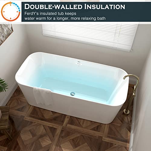 Ferdy Maui 67" Freestanding Bathtub Elegant Freestanding Soaking Bathtub, Glossy White, Cupc Certified, Toe-Tap Chrome Drain & Overflow Assembly Included, 02563 #TOP2