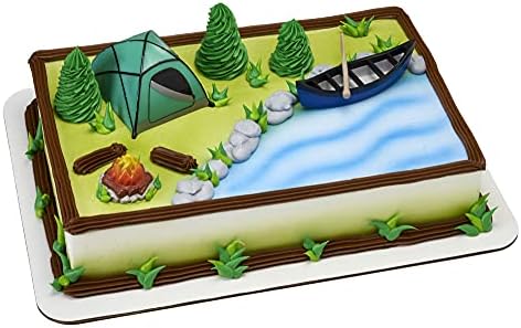 Decopac Fireside Camp DecoSet Cake Decoration Multi, Tent: 3"L x 2.6"W x 1.9"H; Canoe with Oar: 3.5"L x 1.65"W x 1.2"H; Campfire: 1.4"D x 1.2"H