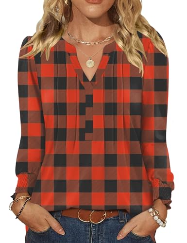 Rapbin Damen Bluse Langarm Oberteile V Ausschnitt Langarmshirt Weihnachtspullover Casual Shirt Herbst Tunika Bluse Tops Rot-schwarz kariert S
