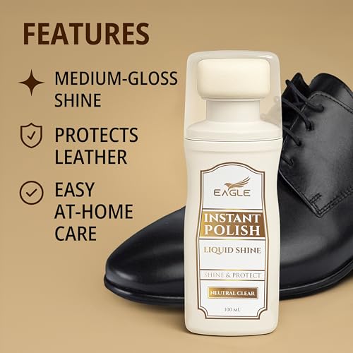 Eagle Neutral Liquid Shoe Polish for Shoes & Boots - Clear Instant Shine Leather Polish with Built-In Sponge Applicator & 2 Cleaning Wipes | Cleans, Conditions & Restores Shine in Seconds