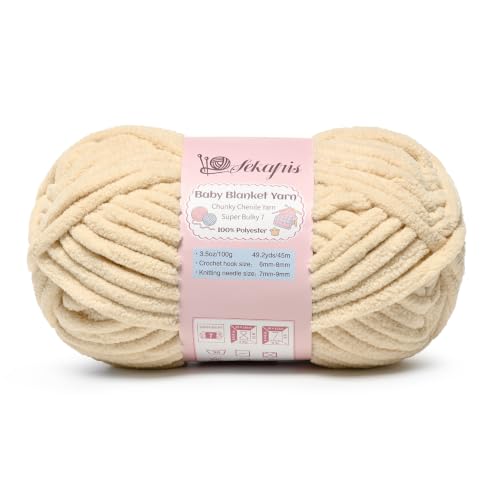 Image of 3.5 oz /49.2 yds Chunky Chenille Yarn for Crocheting, #7 Super Bulky Baby Blanket Yarn for Crocheting Soft, Fluffy Velvet Yarn for Knitting, Amigurumi Crochet Yarn for Crafts (Beige)