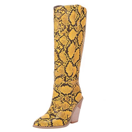 Snake Print Knee High Boots for Women Chunky Heel Pointed Toe Cowboy Boots Sexy Western Snakeskin Cowgirl Boots