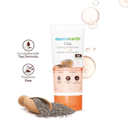 Image of Mamaearth Chia Calming Moisturizer with Chia Seed & Ceramides for Healthy Skin Barrier | For Hydrated Glow | Co-Created with Dermats | For Dry & Sensitive Skin | 24H Long Lasting Moisturization | Fragrance Free | 80 g