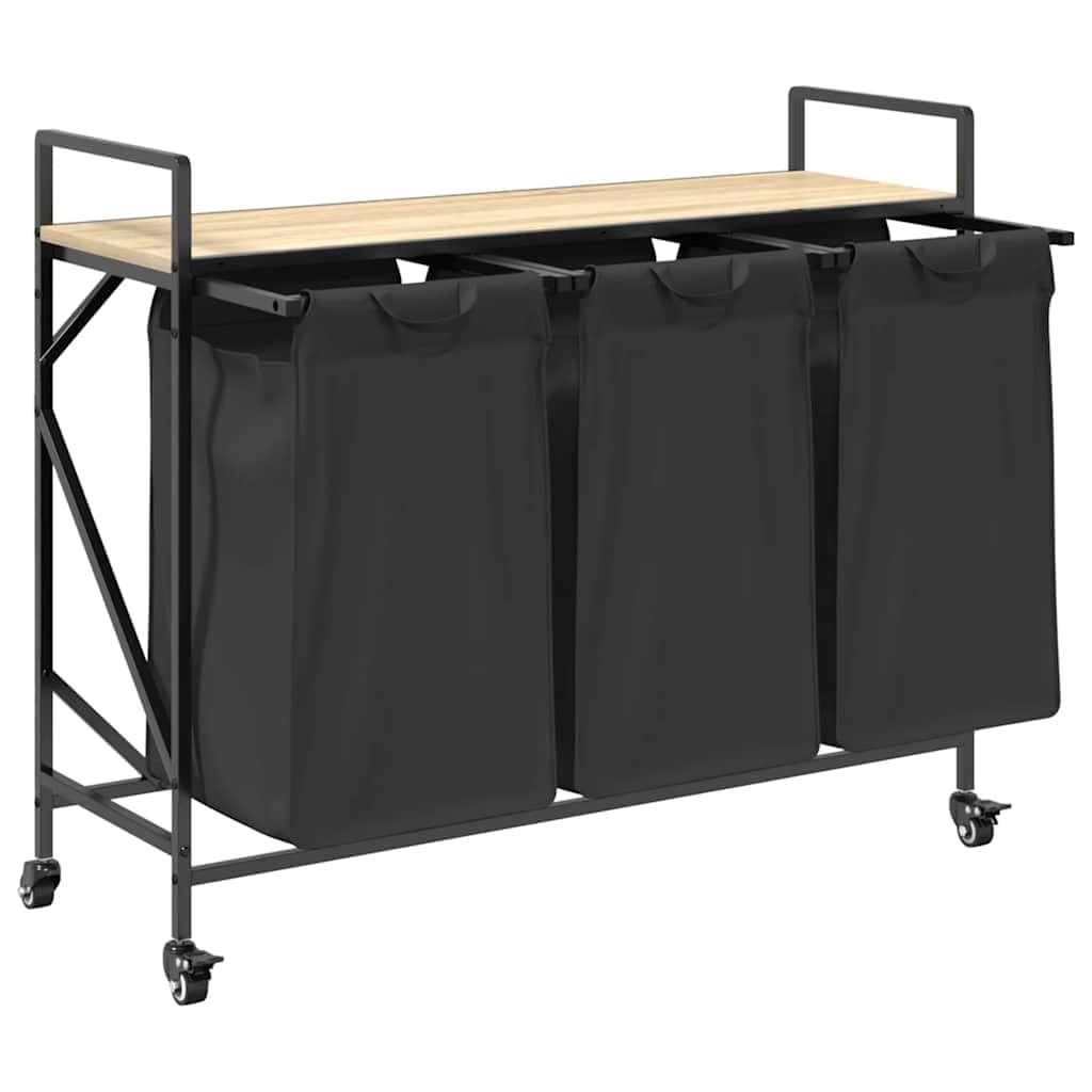 Panier à linge 3 compartiments avec roulettes et étagère