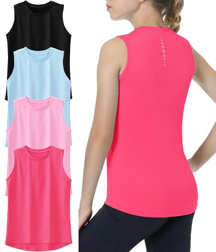 EXARUS 4 Pack Girls Athletic Tank Tops Quick Dry Sleeveless Tank Active Performance Workout Gym Sports Dance Top