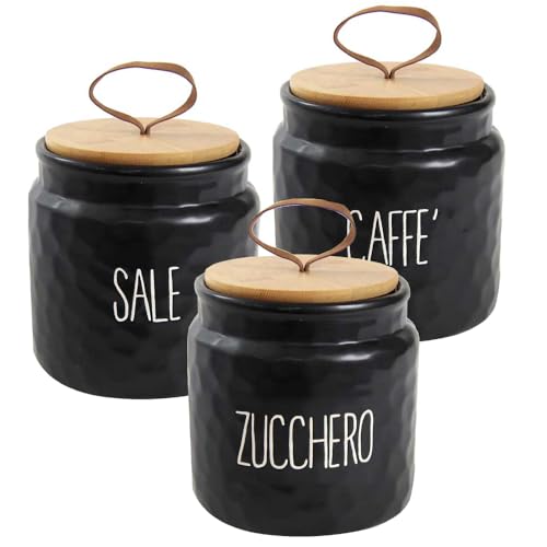 Set 3 Barattoli in Ceramica Ondulati - Brillante, Tappo Ermetico in Legno, Tris Bianco o Nero, Minimalista, Caffè, Zucchero, Sale, Contenitori, Organizzatori da Cucina - 14 cm (Nero, Legno, 14 cm)