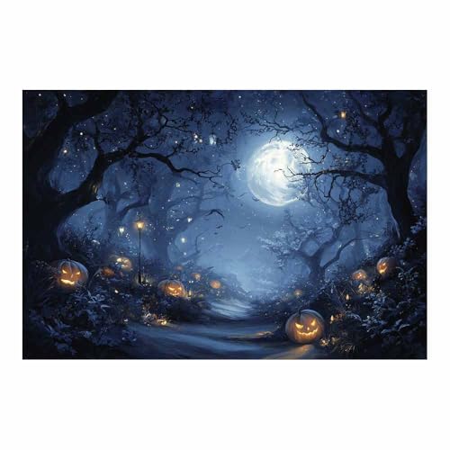 Toile Halloween citrouille forestière vintage DunPei bleu02 grand format 80x120cm
