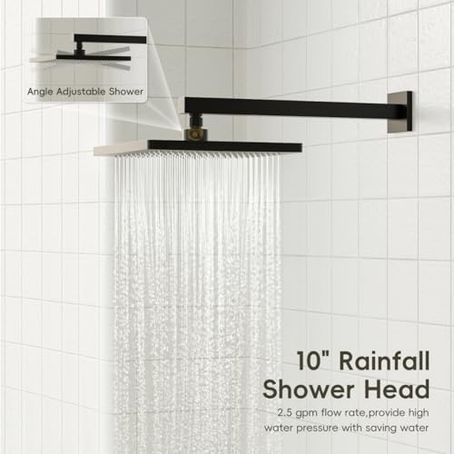 Image of Gabrylly Shower System with Tub Spout, Wall Mounted Tub Shower Faucet Set for Bathroom with High Pressure 10 inch Rain Shower head and 3-Setting Handheld Shower Head Set,Matte Black