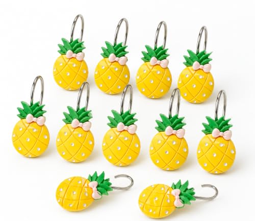 Image of Pineapple Shower Curtain Hooks Set of 12, Cute Tropical Resin Decorative Hooks for Bathroom Curtain Rings, Fruit Theme Home Bathroom Decor Accessories