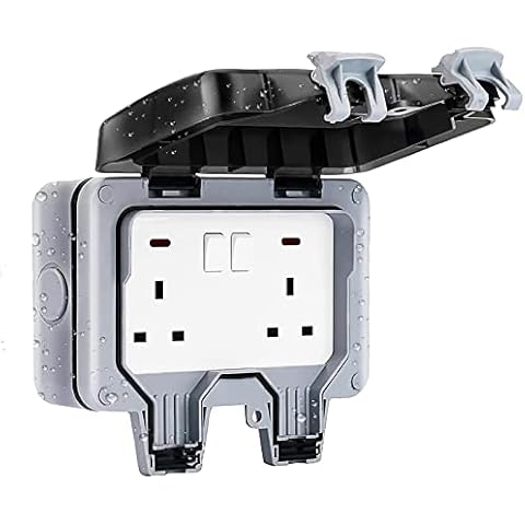 Viitech Outdoor Sockets Waterproof Double Socket, Weatherproof Outdoor Sockets with Light IP66 Switched Wall Electrical Outlet 13A 2 Gang Power Socket for Exterior Wall Indoor Bathroom Cover