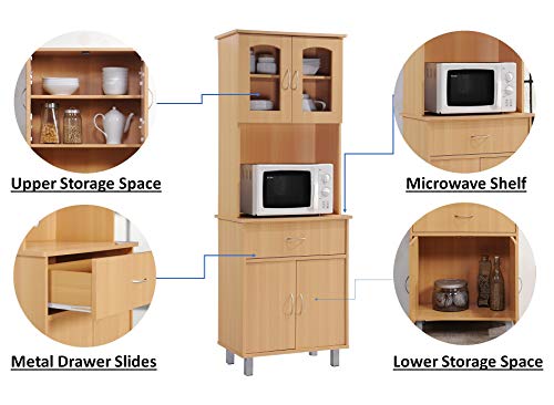 Hodedah Import Long Standing Kitchen Cabinet With Top & Bottom Enclosed Cabinet Space, One Drawer, Large Open Space For Microwave, Beech #TOP5