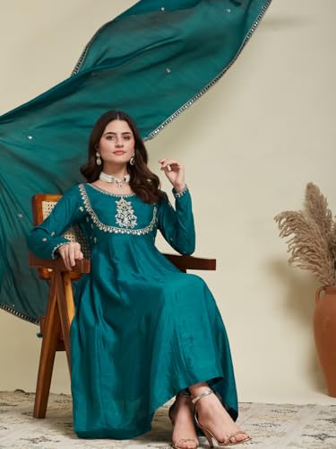 Image of MOKOSH Women's Silk Embroidery Anakrali Kurta Pant with Dupatta | Anarkali Kurta Set | Round Neck Full Sleeve Ethnic Suit | Floral Kurta 7 Colour Option Available | 3 Piece Outfit
