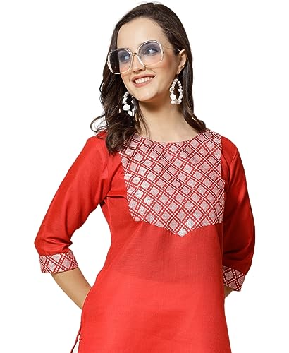Image of Women's A-Line Cotton Embroidery Red Kurti |Red